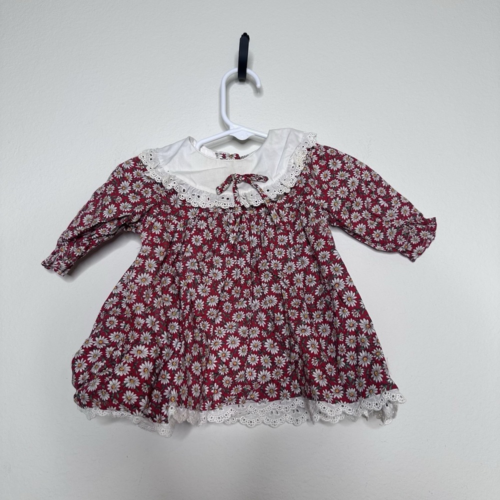 Vintage Alexis Baby Girl 3 Months Red Floral Dress‎ With Lace Long Sleeve